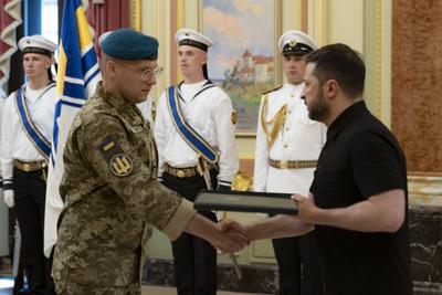 Ukrainian President, Volodymyr Zelenskyy, meets with naval veterans to present state awards-stock-photo