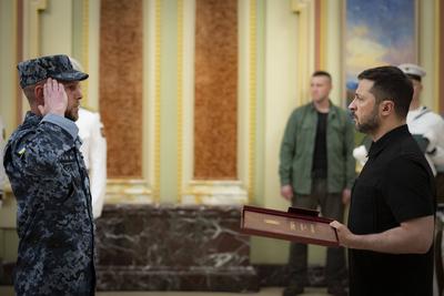 Ukrainian President, Volodymyr Zelenskyy, meets with naval veterans to present state awards-stock-photo