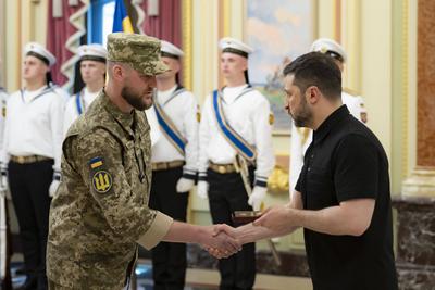 Ukrainian President, Volodymyr Zelenskyy, meets with naval veterans to present state awards-stock-photo
