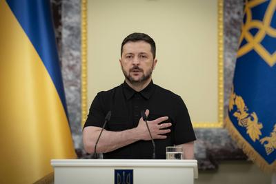 Ukrainian President, Volodymyr Zelenskyy, meets with naval veterans to present state awards-stock-photo