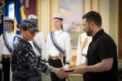 Ukrainian President, Volodymyr Zelenskyy, meets with naval veterans to present state awards-stock-photo
