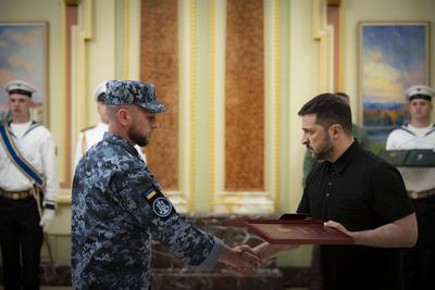 Ukrainian President, Volodymyr Zelenskyy, meets with naval veterans to present state awards-stock-photo