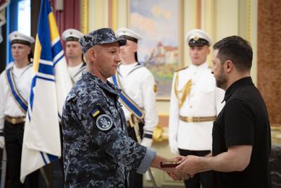 Ukrainian President, Volodymyr Zelenskyy, meets with naval veterans to present state awards-stock-photo