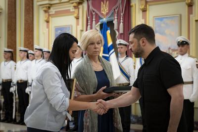 Ukrainian President, Volodymyr Zelenskyy, meets with naval veterans to present state awards-stock-photo