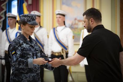 Ukrainian President, Volodymyr Zelenskyy, meets with naval veterans to present state awards-stock-photo