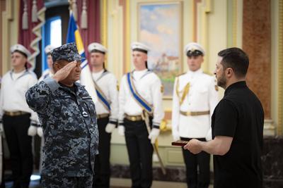 Ukrainian President, Volodymyr Zelenskyy, meets with naval veterans to present state awards-stock-photo
