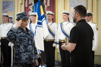 Ukrainian President, Volodymyr Zelenskyy, meets with naval veterans to present state awards-stock-photo