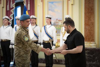 Ukrainian President, Volodymyr Zelenskyy, meets with naval veterans to present state awards-stock-photo