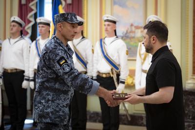 Ukrainian President, Volodymyr Zelenskyy, meets with naval veterans to present state awards-stock-photo