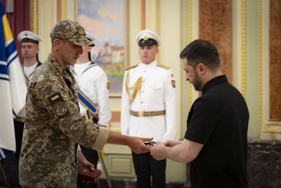 Ukrainian President, Volodymyr Zelenskyy, meets with naval veterans to present state awards-stock-photo