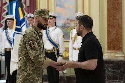 Ukrainian President, Volodymyr Zelenskyy, meets with naval veterans to present state awards-stock-photo