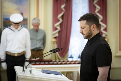 Ukrainian President, Volodymyr Zelenskyy, meets with naval veterans to present state awards-stock-photo