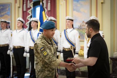 Ukrainian President, Volodymyr Zelenskyy, meets with naval veterans to present state awards-stock-photo