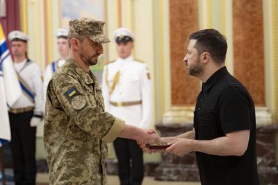 Ukrainian President, Volodymyr Zelenskyy, meets with naval veterans to present state awards-stock-photo