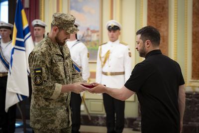 Ukrainian President, Volodymyr Zelenskyy, meets with naval veterans to present state awards-stock-photo