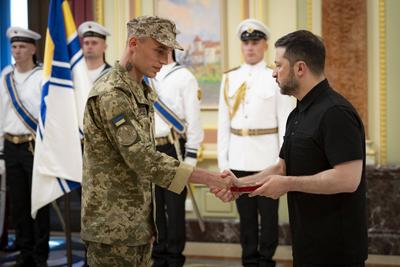 Ukrainian President, Volodymyr Zelenskyy, meets with naval veterans to present state awards-stock-photo