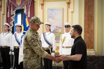 Ukrainian President, Volodymyr Zelenskyy, meets with naval veterans to present state awards-stock-photo