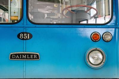 Lisboa, Portugal - June 04, 2024 - Closeup view of the front lights of an old historic Mercedes bus-stock-foto