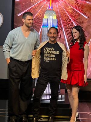 Superman stars lit up empire state building with best friends animal society-stock-foto