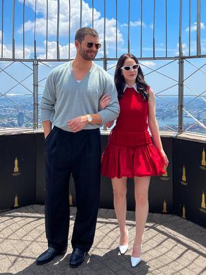 Superman stars lit up empire state building with best friends animal society-stock-foto