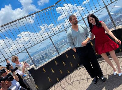 Superman stars lit up empire state building with best friends animal society-stock-foto