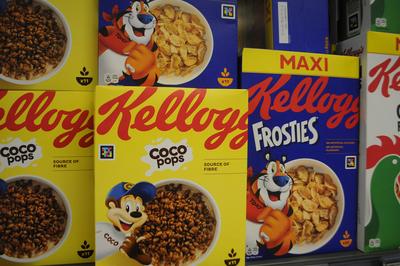 Kelloggs various products for sale in grocery store copenhagen denmark.-stock-photo
