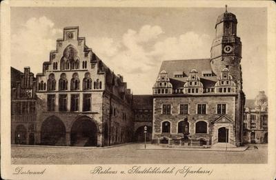 Dortmund Rathaus und Stadtbibliothek Sparkasse Stra?enpartie AUFNAHMEDATUM GESCH?TZT-stock-foto