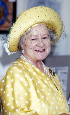 RECORD DATE NOT STATED  HM THE QUEEN MOTHER Ref: 026 headshot, portrait, yellow polka dots, yellow hat, veil, royalty, d-stock-foto