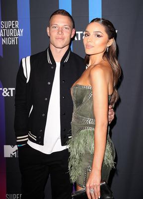 Christian McCaffrey, Olivia Culpo attend AT&T TV Super Saturday Night at Meridian at Island Gardens on February 01, 2020-stock-foto