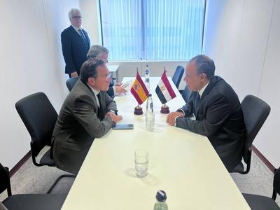 Egyptian Minister of Foreign Affairs and Immigration, Badr Abdel Aty, meets with Spanish Foreign Minister Jos? Manuel Albares-stock-foto