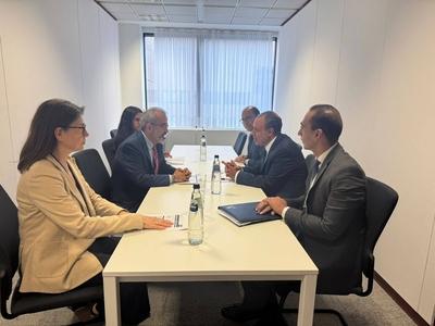 Egyptian Minister of Foreign Affairs and Immigration, Badr Abdel Aty, meets with Paulo Rangel, Minister of Foreign Affairs of Portuga-stock-foto