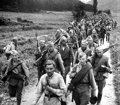 Korea / Russia: Soviet soldiers on the march in northern Korea after the USSR entered the war against Japan, World War I-stock-photo
