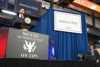 Vice president of the united states jd vance speaks on the ?one big beautiful bill? at don?s machine shop in west pittston, pennsylvania-stock-photo