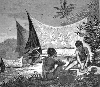 Houses and tombs in house form on Ehas, island of East New Guinea, illustration from 1880, from the voyages of discovery-stock-foto
