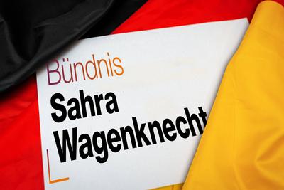 Bavaria, Germany - June 18, 2024: BSW - Alliance Sahra Wagenknecht Party, on a leaf, surrounded by German flag. Symbol f-stock-foto