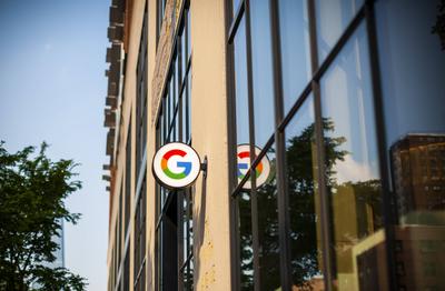 Google Store opening Summer 2021! A sign on Google"!s headquarters on Wednesday, May 26, 2021 informs shoppers of the imm-stock-photo