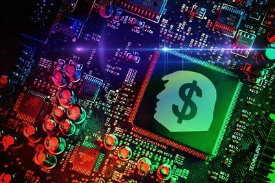 FOTOMONTAGE, Computerchip mit Trump-Profil und Dollarzeichen, Symbolfoto Trump-Coin $Trump *** PHOTOMONTAGE, computer ch-stock-foto