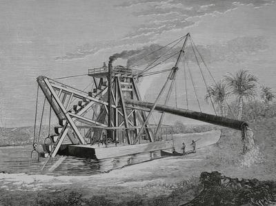 Col?n (former Aspinwall), Panama. Dredge ?Hercules" for the Panama Canal. Engraving by Capuz, 1883.-stock-foto