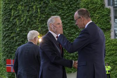 GER, Berlin, Bildtermin bei der Begrue?ung des Ministerpraesidenten des Koenigreichs Norwegen, Jonas Gahr St?re, durch Bundeskanzler Merz ohne militaerischen Ehren, 21.07.2025-stock-foto