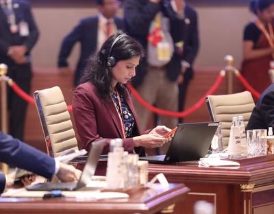Neu-Delhi, Indien, 10.09.2023: Zweiter Tag des Gipfeltreffens: Dritte Arbeitssitzung und Abschlusssitzung der Staats- un-stock-foto