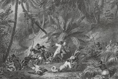 Haitian Revolution (1791-1804). Battle of Ravine-?-Couleuvres. Combat between French troops sent by Napoleon and Haitian rebel troops, 23 February 1802. Engraving by Outhwaite.-stock-photo