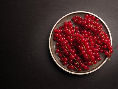 Organic red currant on a ceramic plate on a dark slate background, view from above, healthy food concept-stock-photo