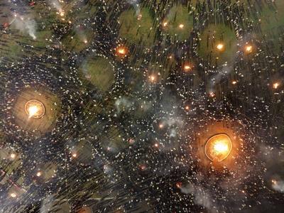 LIANGSHAN, CHINA - JULY 22: Aerial view of people circling around a bonfire to celebrate the Torch Festival on July 22,-stock-foto