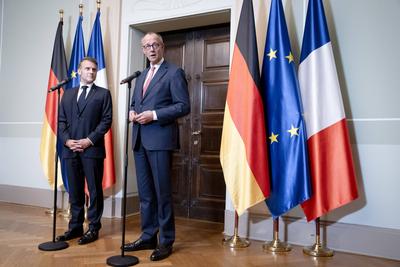 Villa Borsig, Pr?sident, Emmanuel Macron, Bundeskanzler, Friedrich Merz-stock-foto