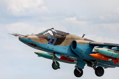 Anatolian Eagle 2023/2 (AE-23/2) Training Exercise A Su-25 of Azerbaijan Air Force landing with T?BİTAK-SAGE made KGK (-stock-foto