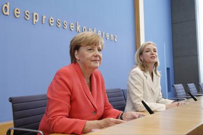 Merkel at Federal press conference in Berlin. German Chancellor Angela Merkel during press conference on foreign and dom-stock-foto