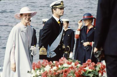 Swedish king carl gustaf and queen silvia welcomes queen margrethe and prince henrik of denmark in stockholm sweden.-stock-foto
