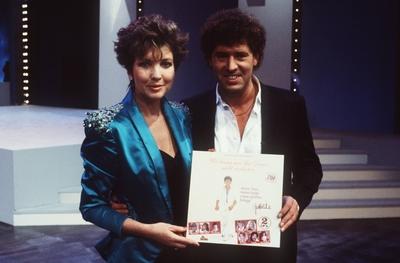 Carolin Reiber mit Jack White in der Jack White Show (ZDF) 10/85 rag Frau Fernsehen TV Moderation Volksmusik Musik Show-stock-foto