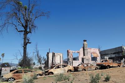 ALTADENA, CA - JULY 24: A view of the uncleared lot where a 19th victim of the Eaton fire was found on July 24, 2025 in-stock-foto