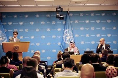 Press briefing for the peaceful settlement of the question of palestine and on implementation of a two-state solution .-stock-foto